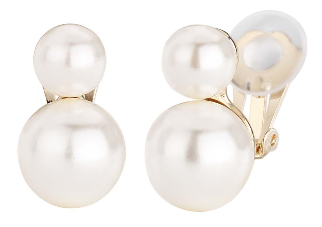 Traveller Clip-on Earrings - Gold Coloured - Pearls 8 & 12 mm - Cream - 22ct Gold Plated - 20x12 mm - 113120