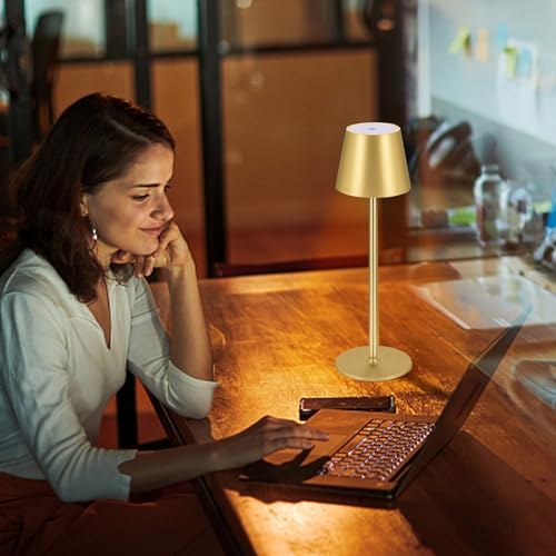 2 lámparas LED regulables de mesa con batería, inalámbrica, recargable, luz cálida, 3000 K, lámpara de mesa para interior y exterior con USB-C, aluminio, IP54, resistente al agua (dorado)…
