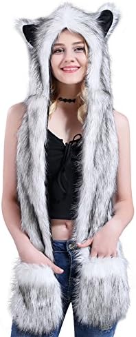 DreamValley Novelty Panda Animal Spririt Hoodie Faux Fur Hats Furry Scarf Paw Mitten Combo