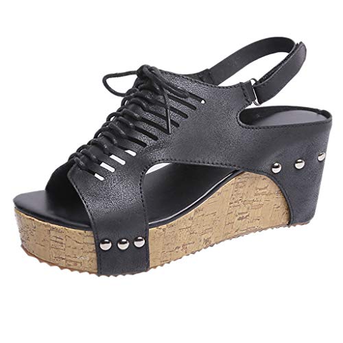 Womens Peep Toe Sandals, Wedges Platforms Shoes Beach Breathable Sandals Rome Elastic Strap Casual Slippers (9.5 B(M) US, Black) - Thumbnail 7