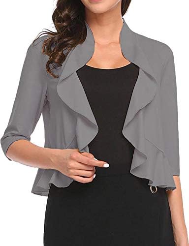 AceshionWomen's Open Front Cropped Cardigan 3/4 Sleeve Casual Shrugs Jacket Draped Ruffles Bolero Cardigan