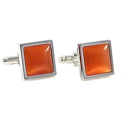MENDEPOT Rhodium Plated Classic Orange Cats Eye Stone Square Cufflink (Orange)