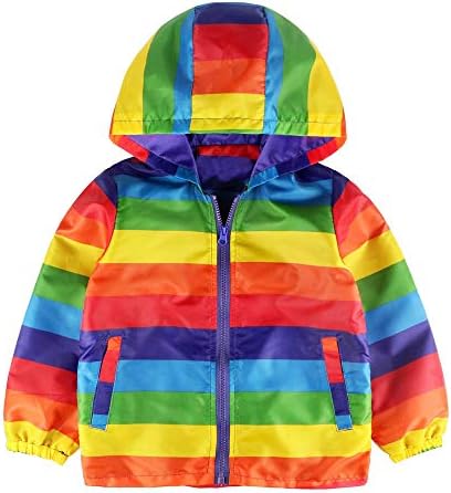 Dinlong Toddler Baby Boy Girl Coat Waterproof Jacket Outwear Autumn Winter Children Hoodie Windbreaker Clothes Rainbow Striped Long Sleeve Hooded Zipper Raincoat Tops Outfits (Multicolor, 3-4 Year)