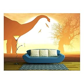 Dinosaurs in a Prehistoric Sunset Sunrise with Dried Trees in an Endless Desert 3D Artwork - Removable Wall Mural | Self-Adhesive Large Wallpaper - 66x96 inches