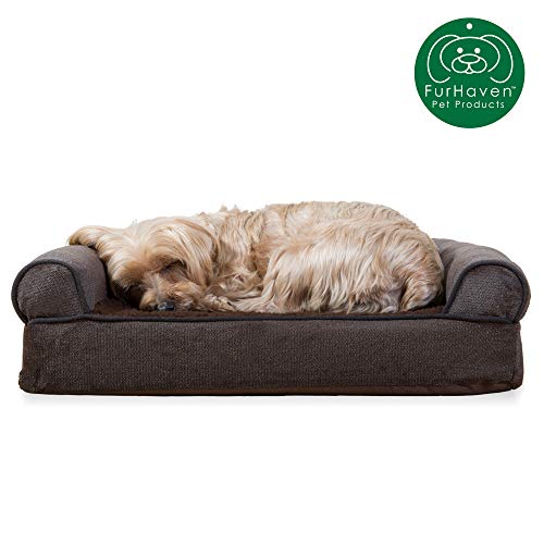 Furhaven Pet Dog Bed | Orthopedic Faux Fleece & Chenille Soft Woven Traditional Sofa-Style Living Room Couch Pet Bed w/ Removable Cover for Dogs & Cats, Coffee, Small