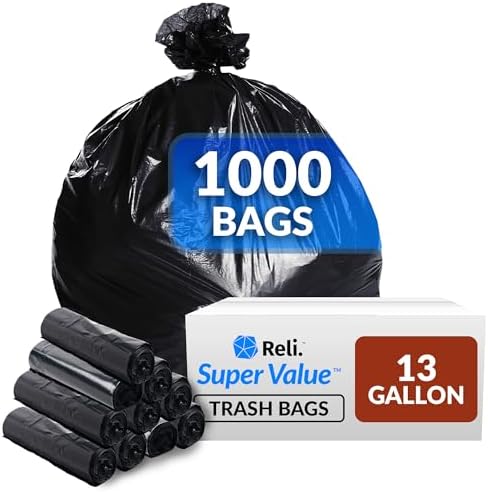 13 Gallon Trash Bags, Black (1000 Count Bulk) Tall Kitchen