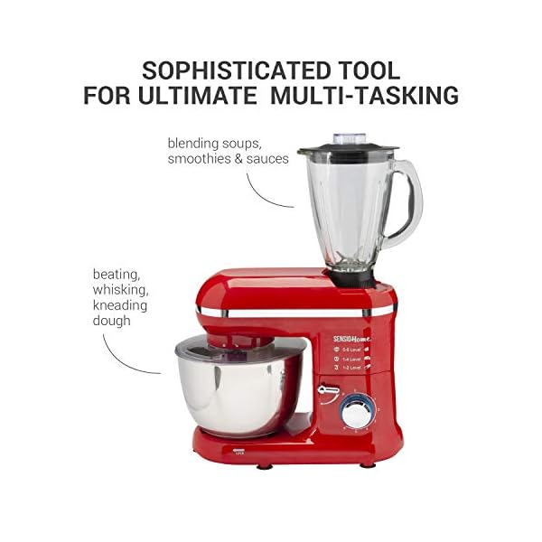 Sensio-Home-2-in-1-Food-Processor-Blender-Stand-Mixer-Machine-1300W-Electric-Motor-Dough-Hook-Whisk-Beater-Splash-Guard-6-Speed-45-Litre-Stainless-Steel-Mixing-Bowl-15L-Glass-Jug-Red Sensio Home 2-in-1 Food Processor Blender & Stand Mixer Machine - 1300W Electric Motor - Dough Hook, Whisk, Beater…