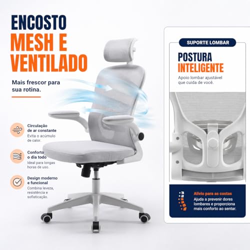 Cadeira Ergonômica Mesh Cinza Giratória Reclinável para Escritório e Home Office - Encosto em Tela, Apoio Lombar e Cabeça Ajustáveis, Braços Pivotantes, Rodízios Silenciosos