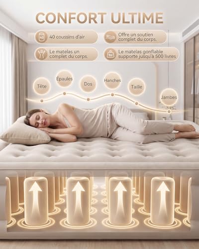 Double Inflatable Mattress 203 x 152 x 40 cm, 40 Air Chambers, Soft Flocked Surface, Maximum Load 300 kg, Inflatable Mattress with Carry Bag and 2 Pillows, Ideal for Guests at Home, Camping, Khaki