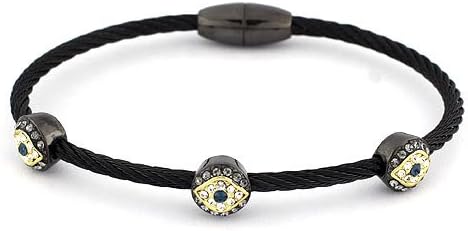 Twisted Cable Bracelet; Magnetic closure; Black tone twisted bangle; Pave stone Evil Eye stations;
