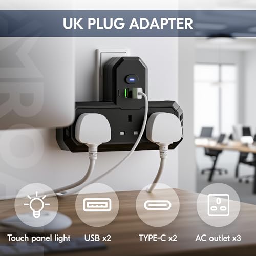 AMROAH Multi Socket 7 in 1 with Night Light, Universal Multi Plug Socket with 3 AC Outlets UK/UAE, Wall Mount Multi Plug with USB Ports, 2 USB A 2 USB C for Home Office Travel