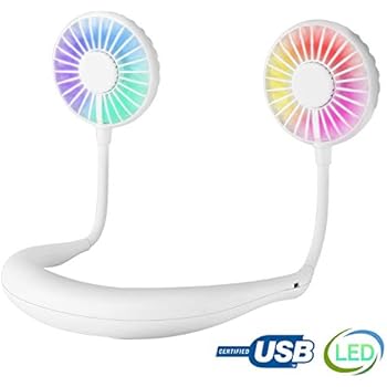 Hand Free USB Personal Fan- Portable Handheld Mini LED Fan Headphone Design Neckband Fan Internal Rainbow and White Light, 3 Speeds, Quiet, Rechargeable Perfect for Sports, Traveling and Office