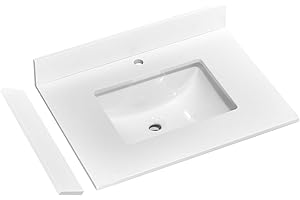 EQLOO 24" x 22" Vanity Top, Quartz Vanity Sink Top in Pure White, with One Sidesplash & One Backsplash, with Undermounted Rectangular Sink,Single Faucet Hole for Vanity Top with Sink