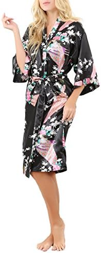 ALLINLOVER Women's Printing Peacock Satin Kimono Robes Bride and Bridesmaids Nightgown, Black, Small