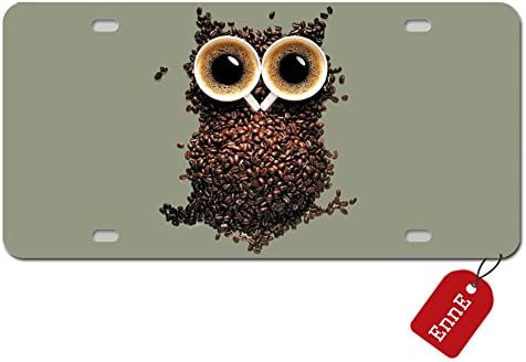 EnnE Personalized Metal License Plate Cover Coffee Beans Owl For Car 4 Holes Car Tag 12 inch X 6 inch