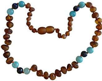 Raw Baltic Amber and Aquamarine+Lapis Lazuli INNER PEACE and FOCUS Necklace - Pain Relief From Teething - Unisex- Safely Knotted Beads (Cognac Aquamarine Lapis)