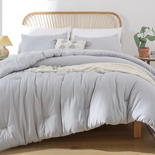 ROSGONIA Gray Comforter Set Queen, 3pcs(1 Boho Light Grey Comforter & 2 Pillowcases) All Season Soft Bedding Lightweight Bedspread Blanket Quilt