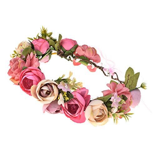 June Bloomy Women Rose Floral Crown Hair Wreath Leave Flower Headband with Adjustable Ribbon (1# Pink)