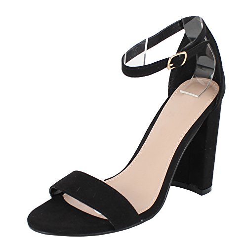Womens Simple Single Band Suede Block Heel High Heel Open Toe Dress Ankle Strap High Heel Sandal Slides-Sandals, Black, 7
