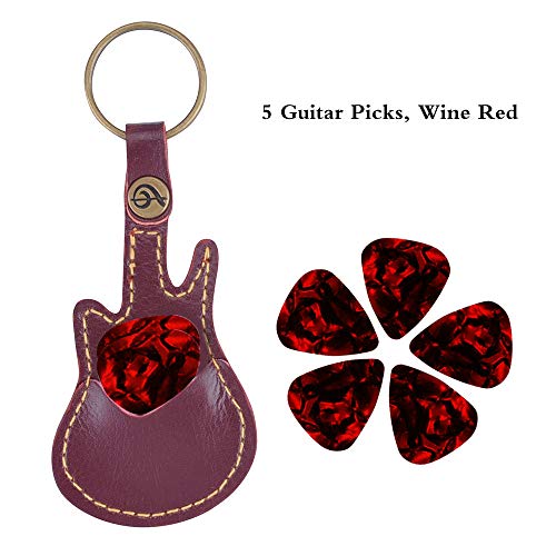 New Guitar Pick Holder, PUNK Pick Holder Case Leather Key Chain, 5 Picks/Bag (Wine red-upgrade)