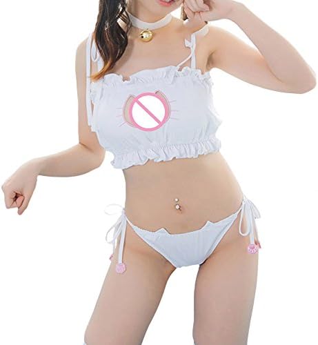 WEKA Women Cat Pierced Embroidered Kawaii Underwears Brief Set Stretchable Lingerie