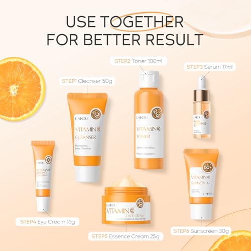 LAIKOU Vitamin C Skin Care Set, 6 Pcs Skincare Kit for Women, with Vitamin C Serum for Face Toner Eye Cream Face Cream Cleanser Sunscreen, Skin Care Gift Set for Women Teenage Girls Mom Daughter