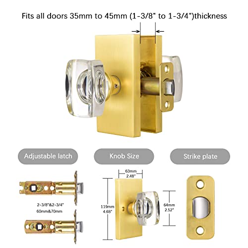 HIEMEY Passage Glass Door Knobs Interior, Gold Crystal Door Knobs for Hall, Satin Brass, BS018