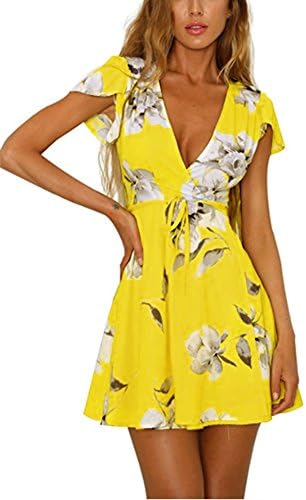Siyinfushi Women Floral Print Sleeve Sexy Deep V-Neck Tunic Top Casual Mini Dress (X1-1801-Huang-L)