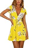 Vaniglia Siyinfushi Women Floral Print Sleeve Sexy Deep V-Neck Tunic Top Casual Mini Dress (X1-1801-Huang-L)