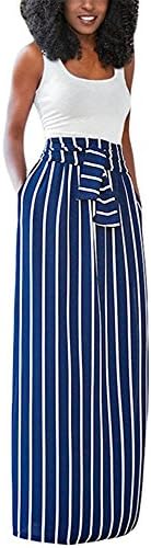 SurBepo Women's Full Length Loose Vertical Striped Long Dress with Pockets (Navy L)