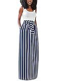 SurBepo Women's Full Length Loose Vertical Striped Long Dress With Pockets (Navy L)