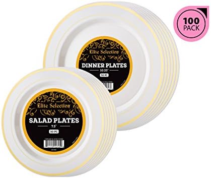 Elite Selection Combo Set Of 100 Plastic Plates Gold Rim Includes 50 Dinner Plates 10.25" And 50 Salad / Dessert Plates 7.5"