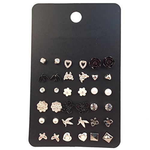 18 Pairs Multiple White Black Earring Set for Women Heart/Flower/Bird Stud Earrings