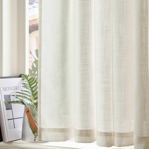 TOPICK Kitchen Curtains with Rod Pocket Bistro Rod Pocket for Living Room Translucent Modern Farmhouse Country Style with Tunnel Linen White Set of 2 65 x 90 cm