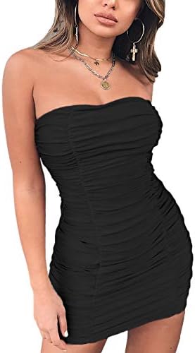 Navvour Women's Sleeveless Off Shoulder Ruched Bodycon Mini Club Dress