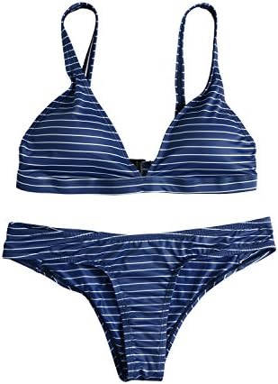 Coauan Women Classic Stripe Navyblue Bikini Set Swimsuit With Pad (L, style2)