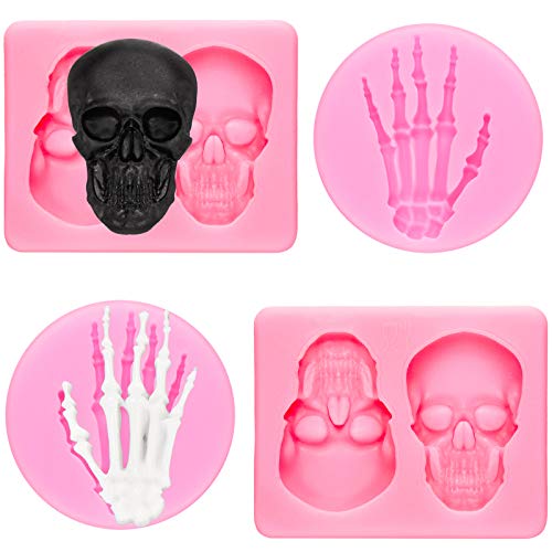 Photo 1 of 4 Pieces 3D Skeleton Hands Skull Silicone Fondant Molds Halloween Party Chocolate Candy Clay Moulds for DIY Chocolate, Cake, Pudding, Ice Cream, Epoxy Resin Mould, Pink
