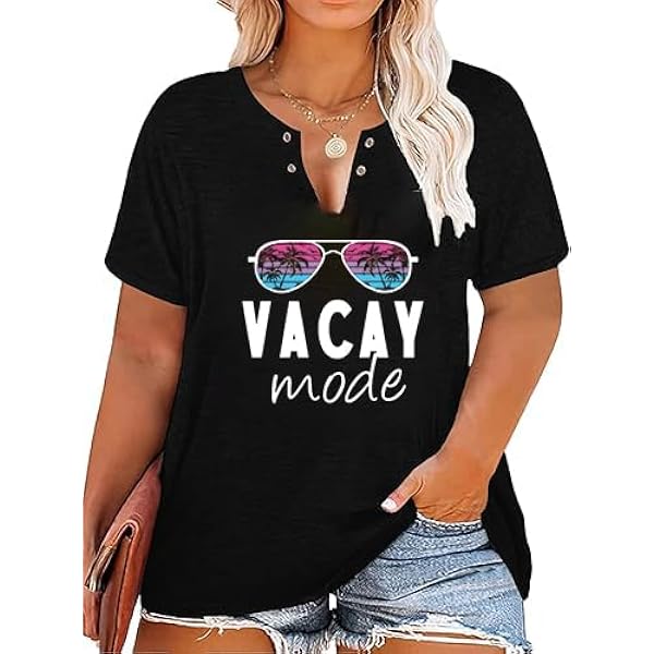 Women's Plus Size Hawaiian Shirt - Tropical Palm Tree Graphic V-Neck Tee For Beach & Vacation (Casual Summer Top)