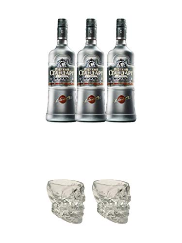 Russian Standard Original Vodka 3 x 0,70 Liter + Wodka Totenkopf aus Glas 1 Stück 29 ml + Wodka Totenkopf aus Glas 1…