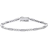 BERRICLE Sterling Silver Vintage Inspired Art Deco Cubic Zirconia CZ Milgrain Chain Bracelet for Women, Rhodium Plated