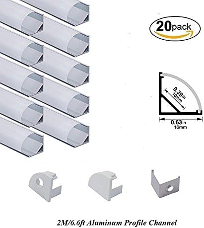 Hanks 20Pack 2M/6.6ft 16X16mm Corner LED Channel,V Shape Aluminum Profile Housing for 10mm PCB LED Strip Light (20X2M Milk)