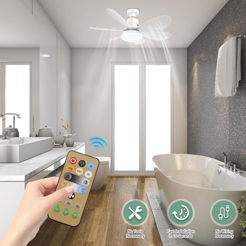 Zern Ventilador de techo con luz, 40W Pequeño Ventilador de Techo con Luz, E26/E27 Ventiladores de Techo con Control Remoto de Luces con rosca, 20.5in Ventilador LED Silencioso para Garage (Blanco)