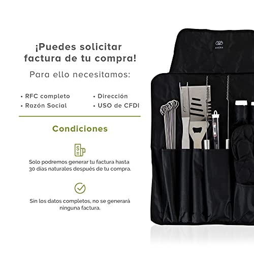 AVERA Utensilios para Asador 28 Piezas Acero Inoxidable, Incluye Mandil, Asadores, BBQ, Carne Asada, Accesorios Asador, Kit Asador, Kit Parrillero, ADA28