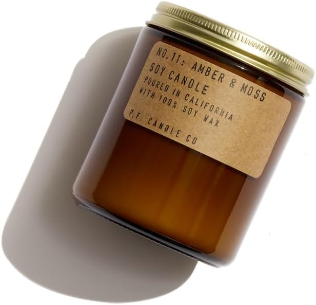Candles & Holders - P.F. Candle Co. Amber & Moss Classic Standard Scented Soy Wax Candle (7.2 oz) 40-50 Hour Burn Time, Cotton Wick, Amber Glass Jar