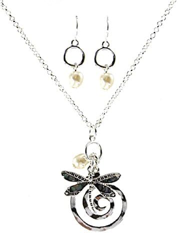 'Enchanted Dragonfly' Spiral Circle Abalone Dragonfly Pendant Necklace With Simulated Pearl Hoop Earrings