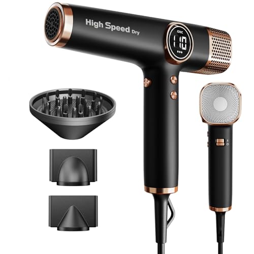 Faszin Föhn Haartrockner mit Ionen-Technologie, 110.000 RPM Brushless Motor, Schnelltrocknung, Leiser Betrieb, LED Display, 3 Drehbare Magnet-Aufsätze
