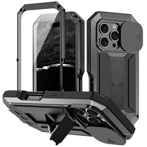 qichenlu Coque de protection anti-chocs en métal et silicone compatible avec iPhone 16 Pro, support coulissant pour appareil photo, coque blindée anti-chute, noire