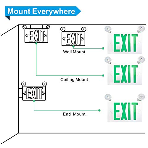 SPECTSUN LED Exit Emergency Light with Battery Backup, Green Exit Emergency Sign with 2 Lamp Heads, Fire Exit Sign with Emergency Lights, Hardwired Exit Sign - 1 Pack, Plastic Modern Exit Sign Indoor