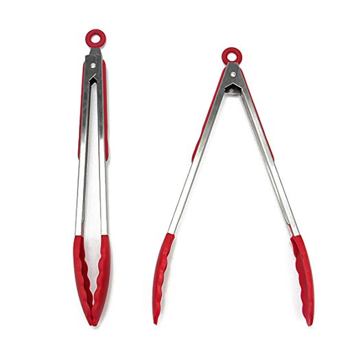 2 Pack Kitchen Tongs, Food Grade Silicone BPA Free Non-Stick Stainless Steel BBQ Cooking Grilling Locking Food Tongs, 9-Inch & 12-Inch (red-silver)