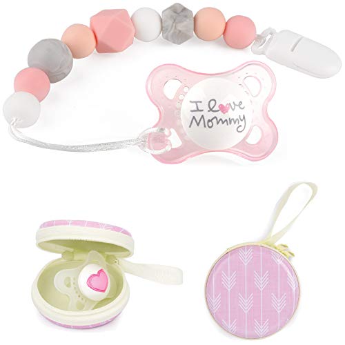 Silicone Pacifier Clip by Dodo Babies Pack of 2 + Pacifier Case, Premium Teething Bead for Girls Modern Designs Universal Holder Leash for Pacifiers, Teething Toy or Soothie, Baby Shower Gift Set - Thumbnail 3